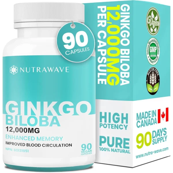 Nutrawave Ginkgo Biloba 12,000 mg (50:1 Extract) – Memory & Cognitive Support, Standardized 24% Flavone Glycosides, 90 Vegan Capsules, Non-GMO, Gluten-Free, Made in Canada