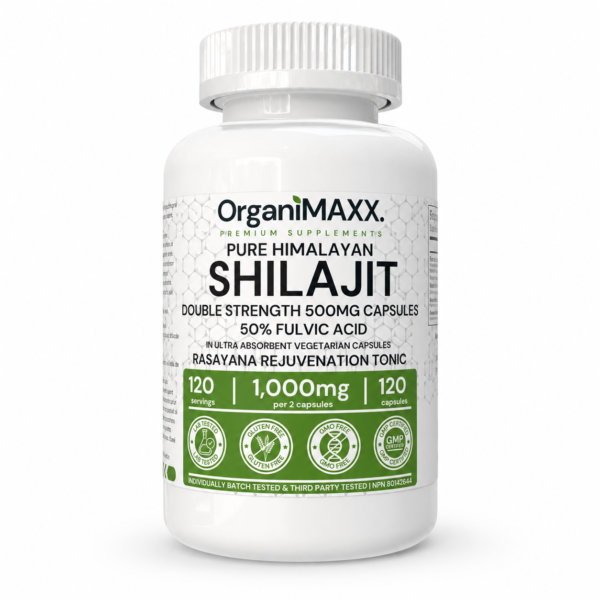 500mg Organic Shilajit Capsules | 50% Fulvic Acid | 120 Pack Value Size Bottle | OrganiMAXX Pure Himalayan Shilajit